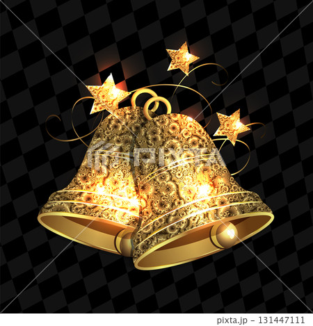 Merry Christmas 2026. Isolated gold textured bells with stars 131447111