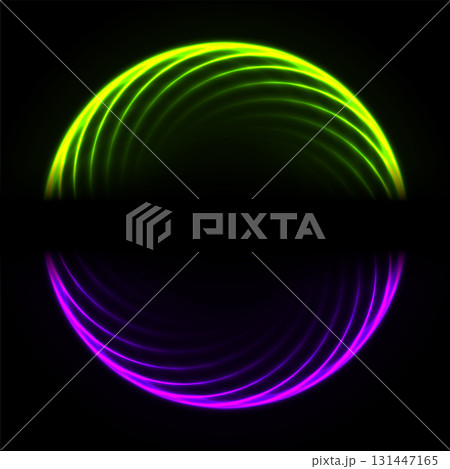 Green and violet glowing neon spiral wavy lines abstract technology background 131447165