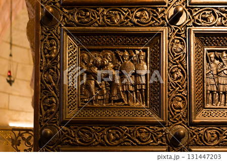 Split, Croatia, August 10, 2024. Kiss of Judas. Door of Diocletian's Mausoleum, now Split Cathedral. Split, Croatia, August 10, 2024. Kiss of Judas. Door of Diocletian's Mausoleum, now Split Cathedral. 131447203
