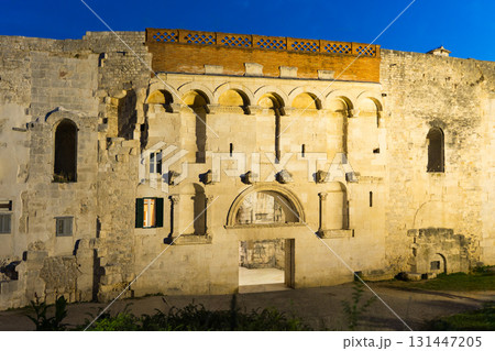 Diocletian's Palace Golden Gate ruins illuminating at night in Split, Croatia Diocletian's Palace Golden Gate ruins illuminating at night in Split, Croatia 131447205