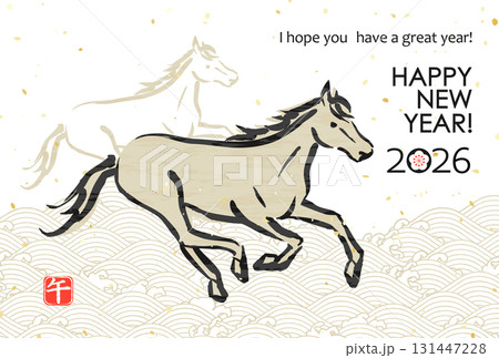 2026年　日本の年賀素材　波模様に馬 131447228