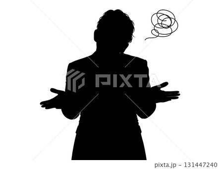 両手を広げ首をすくめる 困った お手上げポーズの男性のシルエット 上半身正面のイラスト モノクロ 131447240