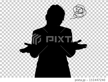 両手を広げ首をすくめる 困った お手上げポーズの男性のシルエット 上半身正面のイラスト モノクロ 131447240
