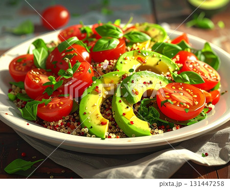 A delicious vegetarian salad featuring sliced avocado, ripe tomatoes, and quinoa is presented on a white plate. Fresh basil adds a pop of green to this colorful and healthy meal. A delicious vegetarian salad featuring sliced avocado, ripe tomatoes, and quinoa is presented on a white plate. Fresh basil adds a pop of green to this colorful and healthy meal. 131447258