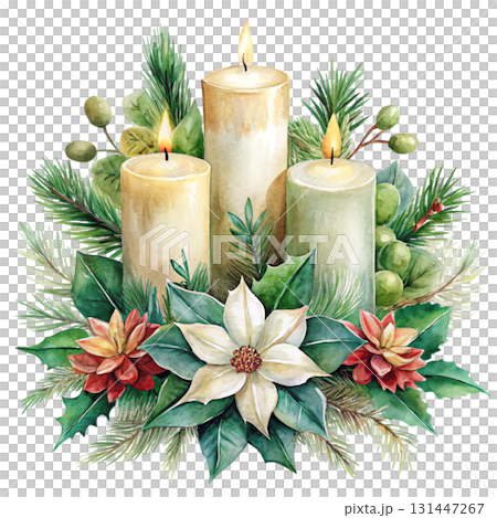 Watercolor illustration of burning candles in soft pastel colors watercolor white background 131447267