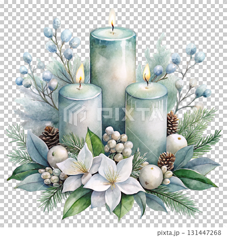 Watercolor illustration of burning candles in soft pastel colors watercolor white background 131447268