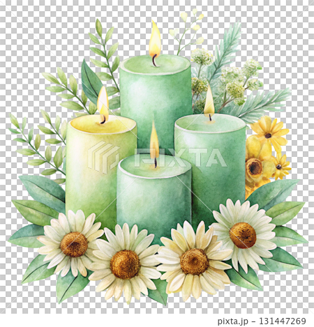 Watercolor illustration of burning candles in soft pastel colors watercolor white background 131447269