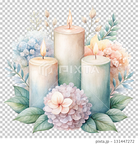 Watercolor illustration of burning candles in soft pastel colors watercolor white background Watercolor illustration of burning candles in soft pastel colors watercolor white background 131447272
