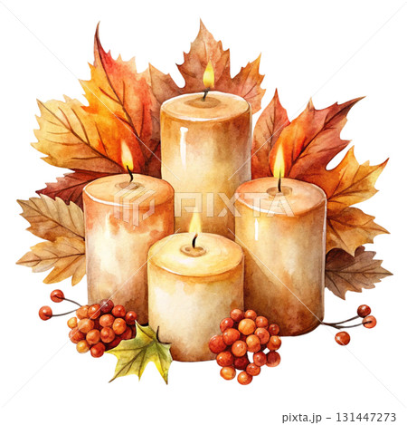 Watercolor illustration of burning candles in soft pastel colors watercolor white background 131447273