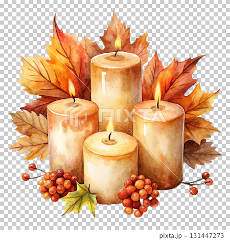 Watercolor illustration of burning candles in soft pastel colors watercolor white background 131447273
