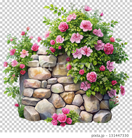 Watercolor illustration of a rustic stone wall with soft stacked rocks blooming flower and tall green grasses sprouting 131447330