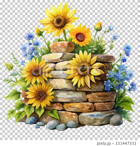 Watercolor illustration of a rustic stone wall with soft stacked rocks blooming flower and tall green grasses sprouting 131447331