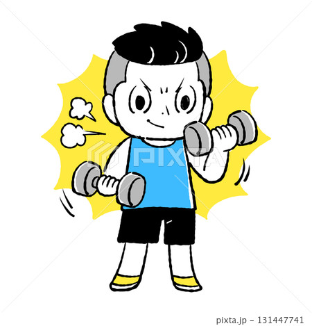 ダンベルで筋力トレーニングをしているイラスト ダンベルで筋力トレーニングをしているイラスト 131447741