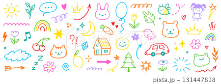 Kid cute baby doodle summer element set. Colorful kid sketch cute heart, kindergarten rainbow and childish toy cartoon elements. Hand drawn school playground activity icons. Vector 131447818