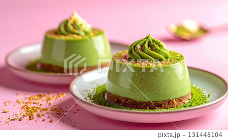 金粉と抹茶パウダーで飾った抹茶ムースケーキを皿に盛り付けた華やかなデザート写真 generative 金粉と抹茶パウダーで飾った抹茶ムースケーキを皿に盛り付けた華やかなデザート写真 generative 131448104