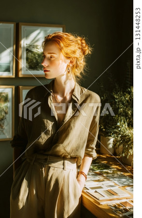 Redhead woman thinking indoors lit by sunlight 131448253