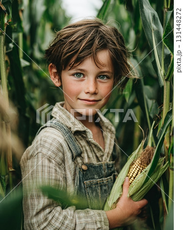 Boy holding ripe corn cob in farm field Boy holding ripe corn cob in farm field 131448272