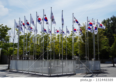 Dozens of South Korean Flags Hanging on a Metal Fence Dozens of South Korean Flags Hanging on a Metal Fence 131448389
