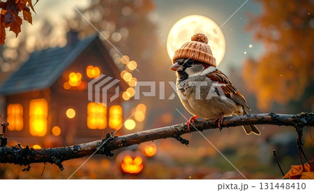 Robin with Knit Hat on Tree Branch on Halloween Night Robin with Knit Hat on Tree Branch on Halloween Night 131448410