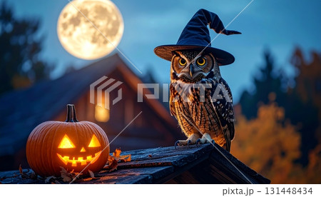 Owl in Witch Hat with Halloween Pumpkin at Night Owl in Witch Hat with Halloween Pumpkin at Night 131448434