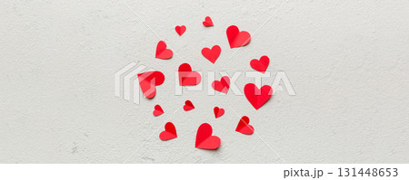Valentine day background with red hearts, top view with copy space Valentine day background with red hearts, top view with copy space 131448653