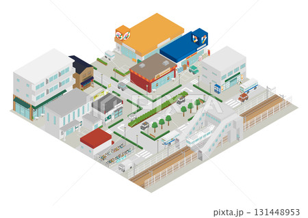 アイソメトリックな鉄道駅前の街並みのイラスト アイソメトリックな鉄道駅前の街並みのイラスト 131448953
