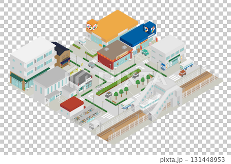 アイソメトリックな鉄道駅前の街並みのイラスト アイソメトリックな鉄道駅前の街並みのイラスト 131448953