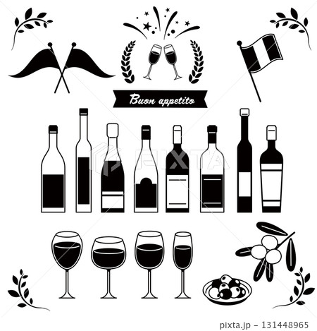オシャレなワインとワイングラスのイラストセット。 131448965