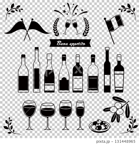 オシャレなワインとワイングラスのイラストセット。 131448965