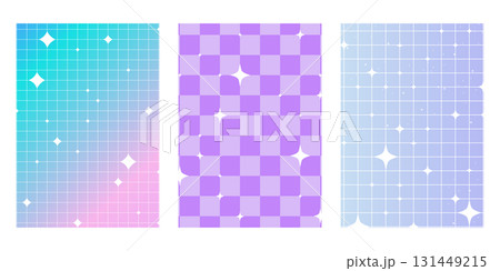 Set Groovy fantasy bright gradient background y2k retro blue and pink pastel galaxy aesthetic. Pop unicorn bg with stars, trendy checkered ornament. 131449215