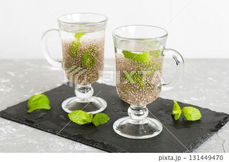 Healthy breakfast or morning with chia seeds and mint on table background, vegetarian food, diet and health concept. Chia pudding with and mint 131449470