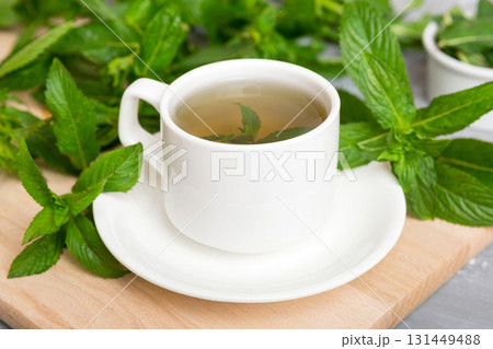 Cup of mint tea on table background. Green tea with fresh mint top view with copy space Cup of mint tea on table background. Green tea with fresh mint top view with copy space 131449488