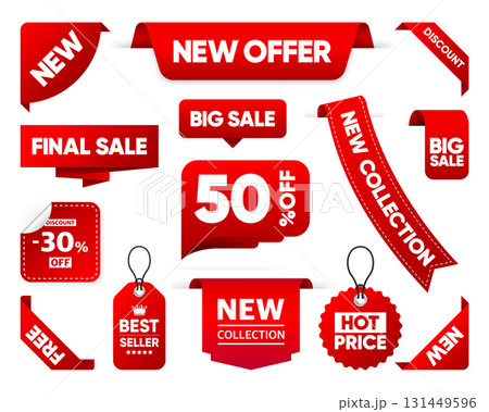 Red sale stickers, best sellers, hot price, special offers. Set label tags, realistic ribbon. Promotional emblems. Badges for store. Vector illustration. 131449596