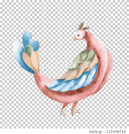 A standing bird in a fairytale style. Isolated watercolor illustration of a fantastical animal for children's educational materials, printing on cards, fabric, books, and children's room design. 131449716