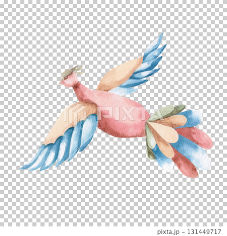 A soaring bird in a fairytale style. Isolated watercolor illustration of a fantastical animal for children's educational materials, printing on cards, fabric, books, and children's room design. A soaring bird in a fairytale style. Isolated watercolor illustration of a fantastical animal for children's educational materials, printing on cards, fabric, books, and children's room design. 131449717