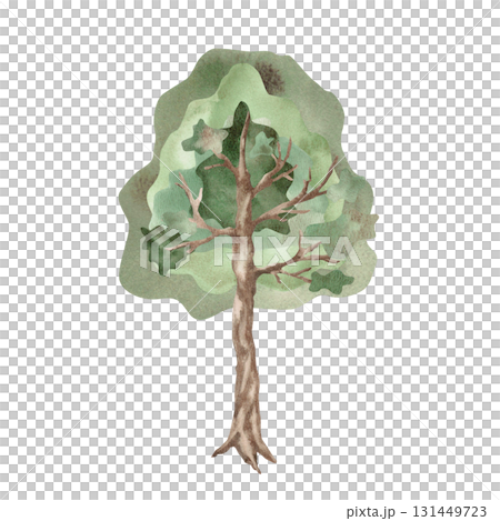 A large tree in a fairytale style. Isolated watercolor illustration for children's educational materials, postcards, fabric, books, and nursery design. A large tree in a fairytale style. Isolated watercolor illustration for children's educational materials, postcards, fabric, books, and nursery design. 131449723