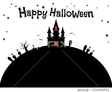 秋　ハロウィン　不気味な館と墓場のフレーム　文字・星 131449781