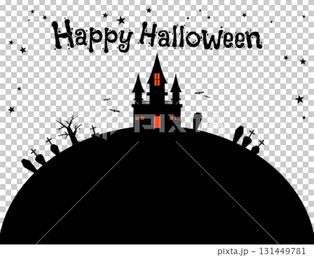 秋　ハロウィン　不気味な館と墓場のフレーム　文字・星 131449781