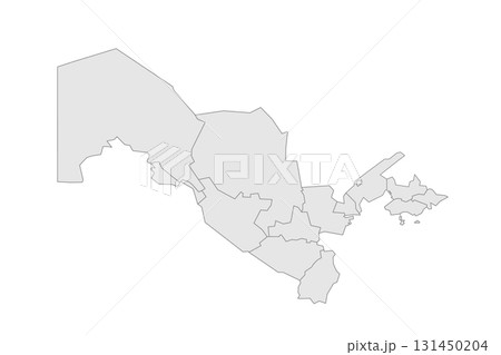 Uzbekistan political map of administrative divisions - regions, autonomous republic of Karakalpakstan and independent city of Tashkent. Grey blank vector editable map EPS. 131450204