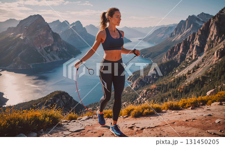 Young girl with blonde hair is smiling at the camera from the window of a train. The train is traveling through a mountainous area, and the girl is enjoying the view 131450205