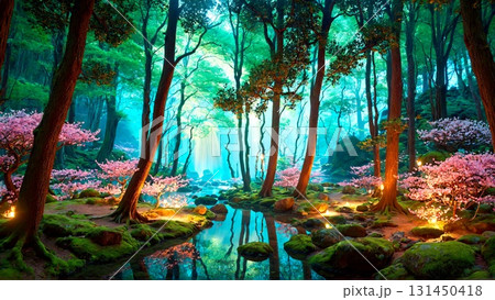 Escape to a serene forest with a tranquil stream, vibrant cherry blossoms, and magical lighting. Perfect for fantasy projects and nature-inspired designs. 131450418