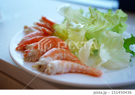 Fresh Prawn and Lettuce Salad on White Plate Fresh Prawn and Lettuce Salad on White Plate 131450436