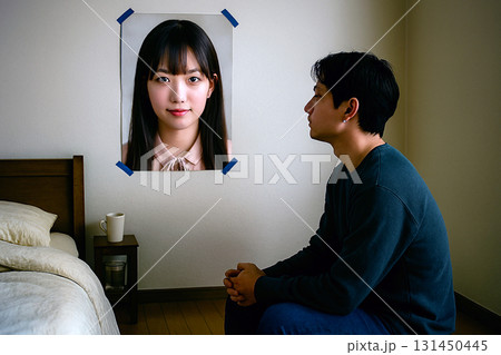 部屋にアイドルのポスターを貼って見つめるファン 131450445