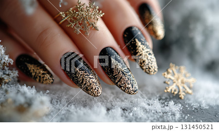 Elegant Christmas nail art with gold snowflakes Elegant Christmas nail art with gold snowflakes 131450521