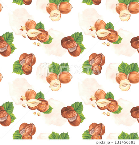 Seamless pattern with various hazelnuts compositions. Hand drawn watercolor illustration of forest filbert nuts on white background. Ideal for food packaging, restaurant menu or kitchen wallpaper. 131450593