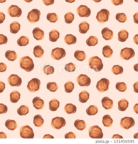 Seamless pattern with peeled, whole hazelnuts kernels. Hand drawn watercolor illustration of filbert nuts isolated on pink background. For packaging design. Edible raw seed. Healthy organic food. 131450595
