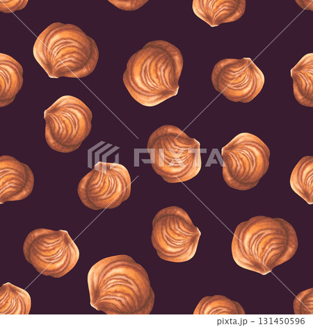 Seamless pattern with peeled and whole hazelnuts kernels. Hand drawn watercolor illustration of filbert nuts on dark purple background. For packaging design. Edible raw seed. Healthy organic food. 131450596