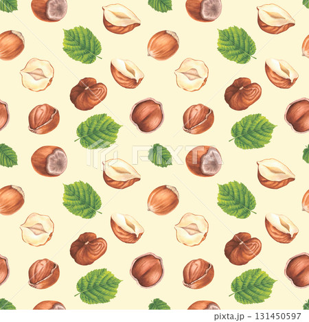 Seamless pattern with hazelnuts and green leaves. Hand drawn watercolor illustration of forest nuts on beige background. Drawing of filbert for food packaging, restaurant menu or kitchen wallpaper. 131450597