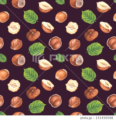 Seamless pattern with hazelnuts and green leaves. Hand drawn watercolor illustration of forest nuts on dark purple background. Drawing of filbert for food packaging, restaurant menu, kitchen wallpaper Seamless pattern with hazelnuts and green leaves. Hand drawn watercolor illustration of forest nuts on dark purple background. Drawing of filbert for food packaging, restaurant menu, kitchen wallpaper 131450598