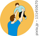 illustration of a father and boy holding and lifting his baby child happily in the air, rear view family love concept. Perfect for parenting, fatherhood, childhood, and family lifestyle themes. 131450670